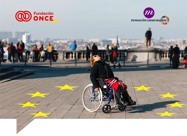 Foto de una mujer en silla de ruedas rodeada de estrellas de la UE pintadas en el suelo