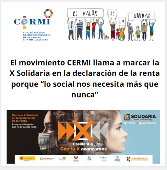 El movimiento CERMI llama a marcar la X Solidaria en la declaración de la renta porque “lo social nos necesita más que nunca”

