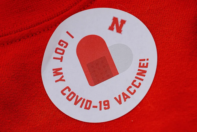 Stickers that say "I got my COVID-19 vaccine!" were handed out at the clinic