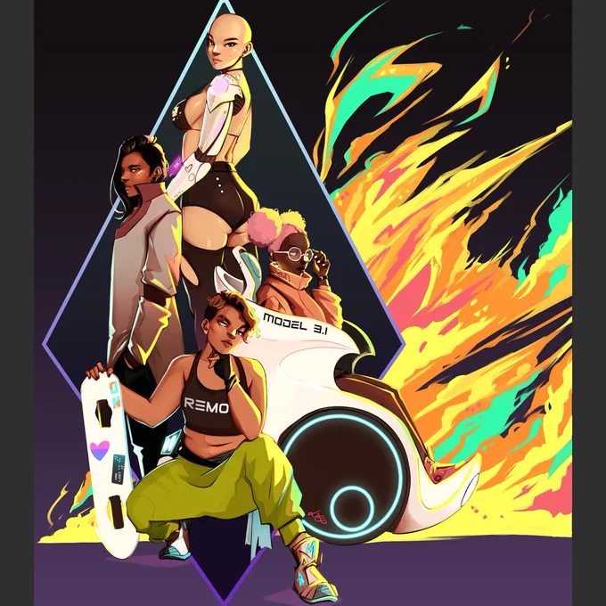 A drawing of four people - a bald one with pale skin and a robotic arm looking over their shoulder towards the viewer, one with darker skin and an undercut facing left, and a dark skinned person with pink hair poofs looking through their glasses facing right - this person is in some sort of wheeled mobility device. In front is a light brown skinned person in a crop top and green sweats with a skateboard in one hand. The image is in full color and there are vibrant neon flames on the right side.