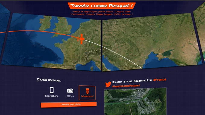 Capture d'écran du site: l'ISS sur sa trajectoire, une photo générée avec le téléobjectif et le message «Bonjour à vous Nouzonville #France #TweetCommePesquet»