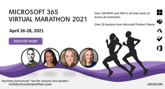 A Microsoft 365 Virtual Marathon promotional logo. The event is happening April 26-28, 2021. Join: https://msft.it/6016Vg5NM