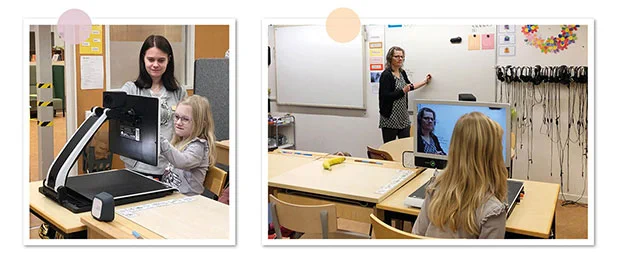 Två bilder som visar Sofia i klassrummet där hon använder sin läskamera MagniLink Zip bland annat för att se vad läraren gör framme vid tavlan.