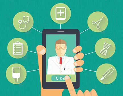 Cartoon graphic shows a smart phone screen with a doctor’s image in the center and a “call” button underneath. The screen is surrounded by other medical symbols and a finger about to touch the “call” button.