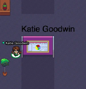 Virtual me standing beside a virtual gather.town poster