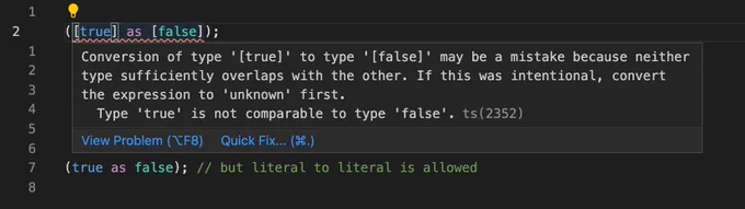 Screenshot of some TypeScript showing that `[true] as [false]` is not allowed but `true as false` is. 