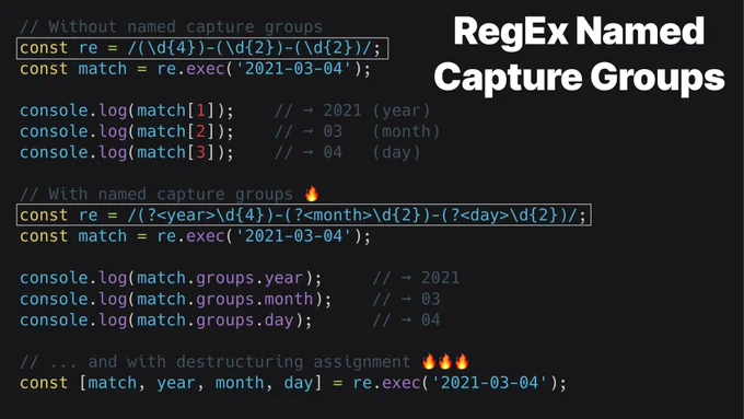 This  feature is about identifying capture groups via names. 

// Without named capture groups
const re = /(\d{4})-(\d{2})-(\d{2})/;
const match = re.exec('2021-03-04');

console.log(match[1]);    // → 2021 (year)
console.log(match[2]);    // → 03   (month)
console.log(match[3]);    // → 04   (day)

// With named capture groups 🔥
const re = /(?<year>\d{4})-(?<month>\d{2})-(?<day>\d{2})/;
const match = re.exec('2021-03-04');

console.log(match.groups.year);     // → 2021
console.log(match.groups.month);    // → 03
console.log(match.groups.day);      // → 04

// ... and with destructuring assignment 🔥🔥🔥
const [match, year, month, day] = re.exec('2021-03-04');