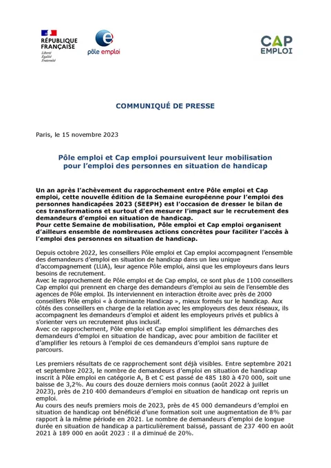 Communiqué de presse : "Pôle emploi et Cap emploi poursuivent leur mobilisation pour l’emploi des personnes en situation de handicap"