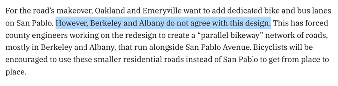 "For the road’s makeover, Oakland and Emeryville want to add dedicated bike and bus lanes on San Pablo. However, Berkeley and Albany do not agree with this design."