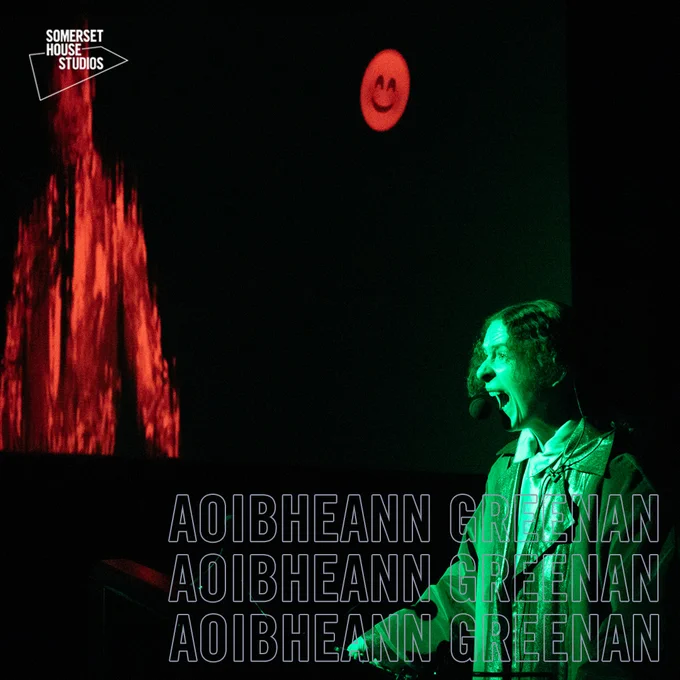 Graphic design featuring a picture of artist Aoibheann Greenan screaming during a performance 