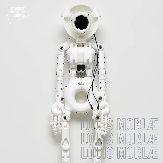Graphic design featuring a robot-style artwork by Louis Morlæ
