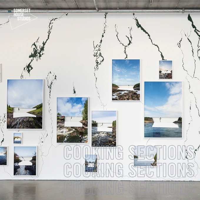 Graphic design featuring a picture of a Cooking Sections exhibition with 10 frames with the same picture of a landscape hanging on a wall