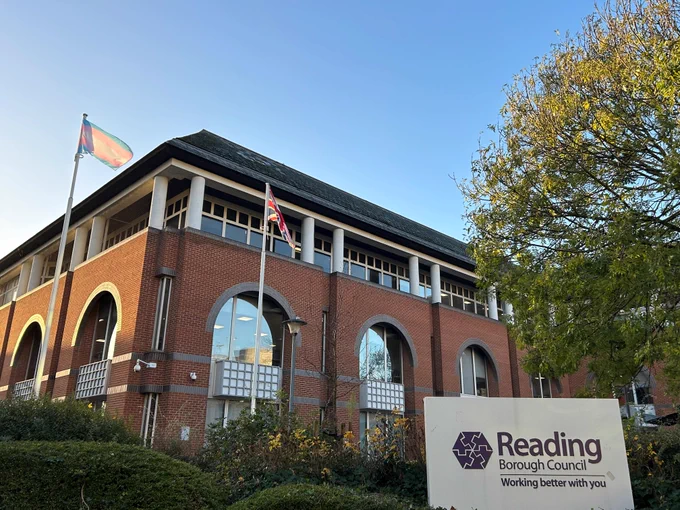 The Transgender flag and Union Flag flying outside the Reading Council Civic Offices.