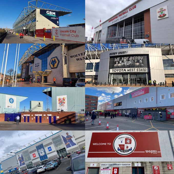 8 different football stadiums from Lincoln City, Southampton, Wolverhampton Wanderers, Derby County, Tranmere Rovers, Wrexham, Cardiff City and Crawley Town.