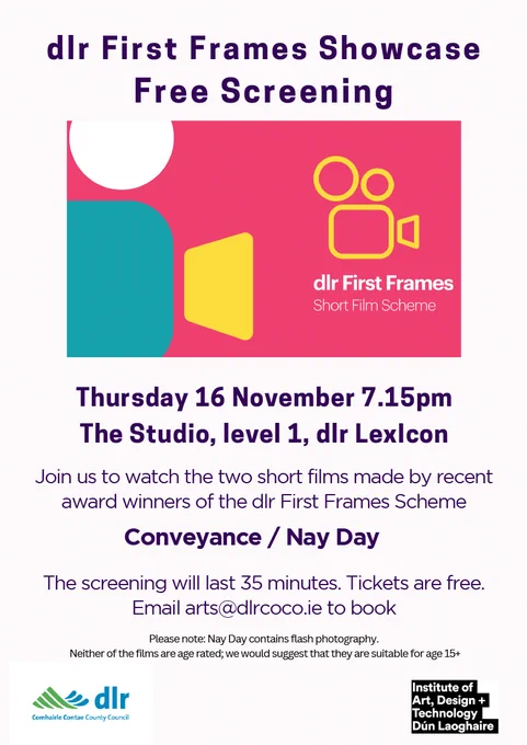 A promotional flyer of the dlr First Frames Showcase Free Screening on Thursday 16 November at 7.15pm at dlr Lexlcon