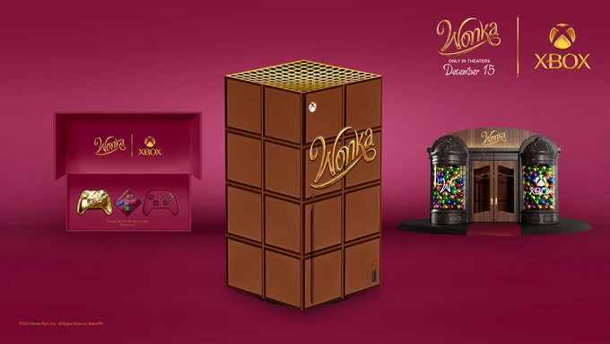 Image of custom Wonka Xbox controller chocolates in a chocolate box, custom Wonka Xbox Series X and chocolate store themed console display on a rose-colored background. The Wonka logo along with “Only in Theaters December 15” and Xbox logo are in the top-right corner.
