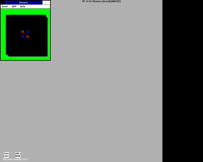 "Reversi" from Windows 3.0 running on an early build of Windows NT from April 1991. The pieces are square rather than round, because the graphics subsystem (GDI) is so early that it didn't support drawing circles yet.