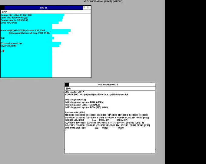 The x86 emulator console and output windows.