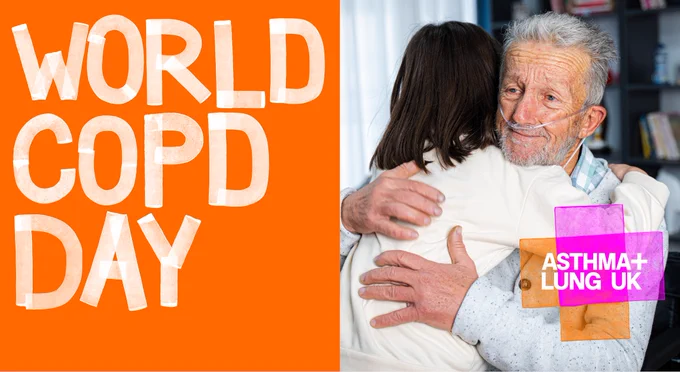 A man wearing an oxygen mask is hugging his daughter. Next to him is the text world copd day. 