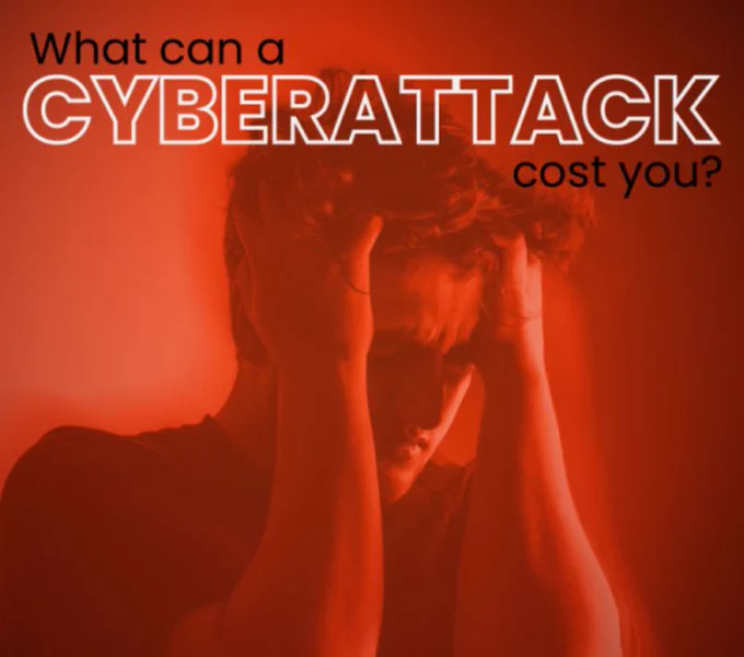 GRAPHIC: "What can a cyberattack cost you?" visual, showing a man with his head in his hands. orange background. University of Florida. 