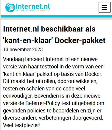 Screenshot nieuwsbericht "Internet.nl beschikbaar als 'kant-en-klaar' Docker-pakket"