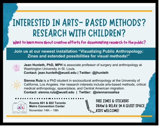 Interested in Arts-Based Methods? REsearch With Children? Join us at our newest installation 'visualizing public anthropology: zines and extended possibilities for visual methods" room 601 & 602 toronto metro convention center.