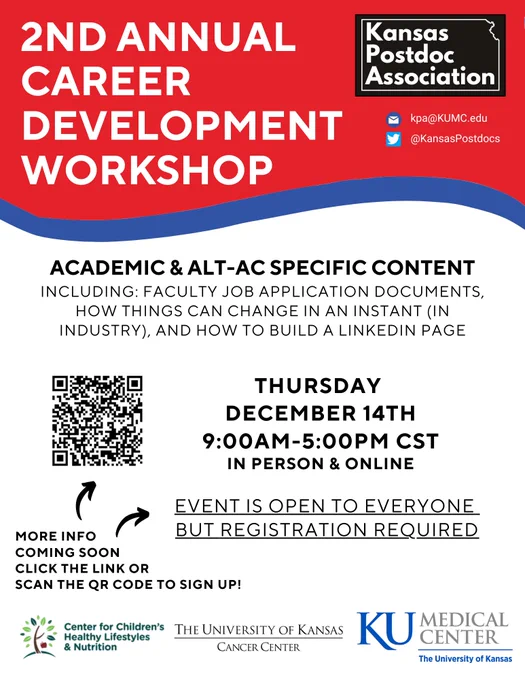 Flyer for upcoming career development event. There is a red banner with white text at the top along with the Kansas Postdoc Association logo. In the center, in black text on a white background the meeting information and QR code. And at the bottom the logos for the event sponsors.