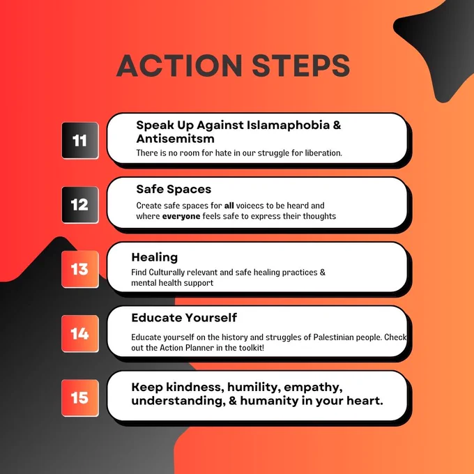 Action Steps
11 speak up against Islamophobia & Antisemitism
12 safe spaces
13 healing
14 educate yourself
15 keep kindness, humility, empathy, understanding & humanity in your heart