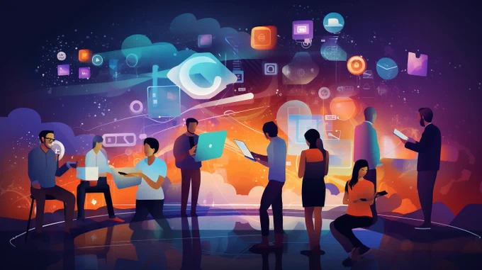 Digital CGI of people on computers talking to each other in front of a horizon of glowing icons.