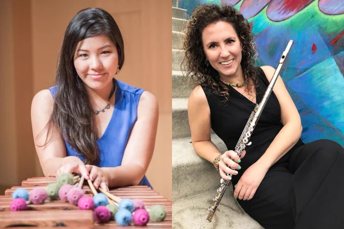 Collage of headshots of Makana Jimbu (left) holding her marimba sticks and Rachel Woolf holding her flute. 