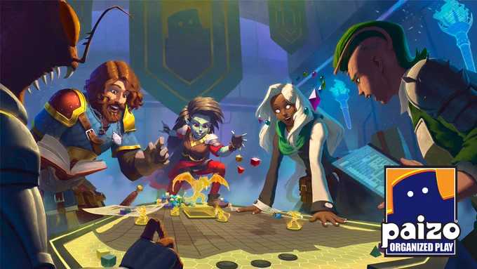An illustration of several fictional characters (a human man, an elven woman, an insectile person and a person with antenna and green hair) gathered around a table, rolling dice and moving miniatures.