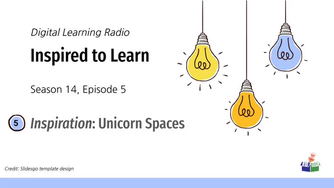 upper right: 3 sketched lightbulbs, hanging from the top, lower left, R10Tech podcast logo; "Digital Learning Radio, Inspired to Learn, Season 14, Episode 5, Inspiration: Unicorn Spaces" Credit: Slidesgo template design