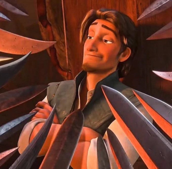 Flynn Rider from the movie Tangled with a whole bunch of swords around him. He doesn't seem phased.