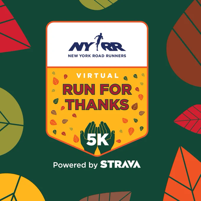Graphic with Virtual NYRR Run for Thanks Powered by Strava logo.
