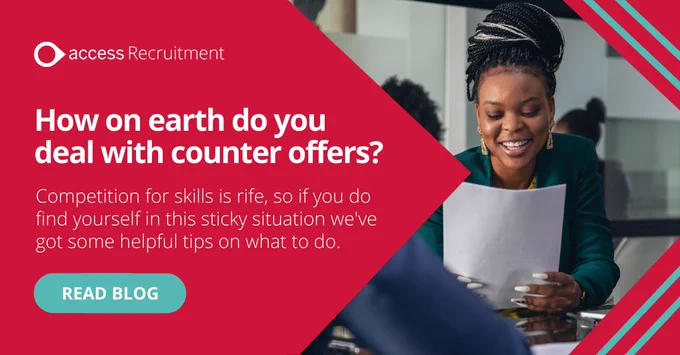 Text reads "How on earth do you deal with counter offers? Competition for skills is rife, so if you do find yourself in this sticky situation we've got some helpful tips on what to do." Next to an image of an African-American woman, looking down, smiling at a piece of paper in her hands.