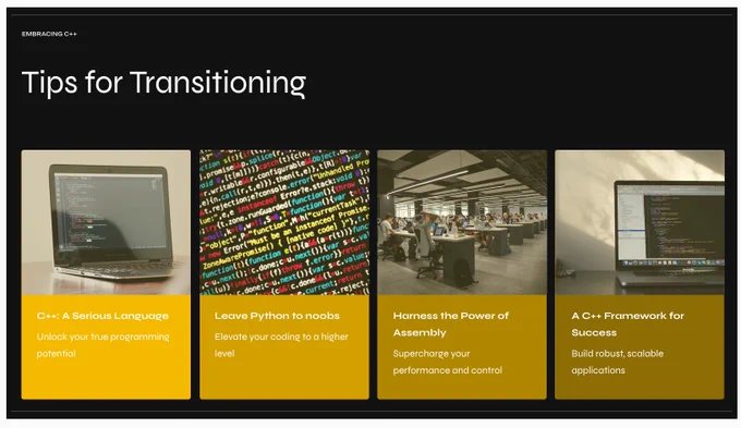 Tips for Transitioning:
C   A Serious Language — Unlock your true programming potential
Leave Python to noobs — Elevate your coding to a higher level
Harness the Power of Assembly — Supercharge your performance and control
A C   Framework for Success — Build robust, scalable applications