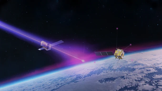 An image of Earth from above fills the lower right part of the figure. It’s a spherical bluish surface mostly covered in white clouds – there’s a thin layer of light blue and dark magenta around Earth’s surface. A gold-colour satellite hovers in the dark-blue sky above, on the right side, this is the China Seismo-Electromagnetic Satellite. It has the shape of a cubic box with six long antennas sticking out. A blueish-magenta beam enters diagonally from the top-left of the image and strikes the top magenta hazy layer around the Earth, resulting in an intense and brighter magenta-coloured diffuse cloud around the white strike point. This illustrates the energy of the gamma-ray burst hitting Earth’s ionosphere. In the top-left part of the figure the magenta beam intersects a depiction of ESA’s Integral spacecraft, which has the shape of a shoebox, mostly gold in colour with the rectangular wings of the solar-panels sticking out on either side.