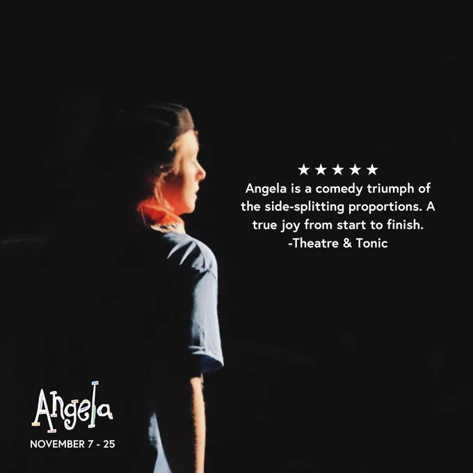A spotlight shines on Angela, the titular girl guide leader, as she looks out to the audience. Review reads 5 stars, Angela is a comedy triumph of the side-splitting proportions. A true joy from start to finish. Theatre and Tonic.