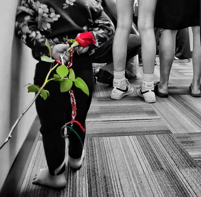 A black and white photo of a child holding a red flower with a green stem and leaves behind their back. The flower is the only part of the photo in color.