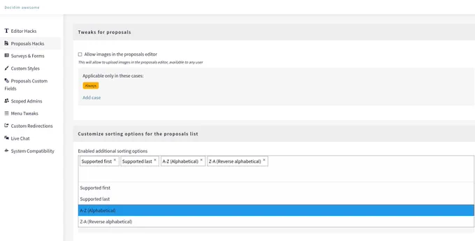 As an admin, I can custom the sorting filters of proposal component