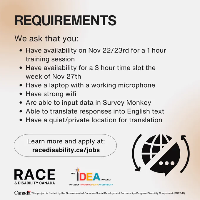 Text reads: "Requirements: Have availability Nov 22/23rd for a 1 hour training session; Have availability for a 3 hour time slot the week of Nov 27th; Have a laptop with a working microphone; Have strong wifi; Are able to input data in Survey Monkey; Able to translate responses into English text; Have a quiet/private location for translation."