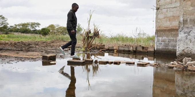 Image shows Kiequer, 14, primary school student, at his old house destroyed by flooding, Filipe Samuel Magaia community in Boane, Maputo Province, Mozambique. September, 2023
Image credit: Water Aid/Dennis Lupenga
