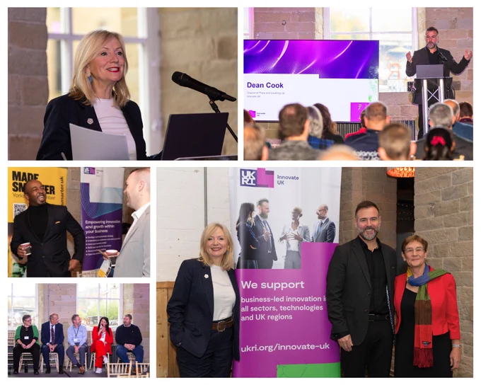 Tracy Brabin, Mayor of West Yorkshire, Cllr. Jane Scullion, Cllr. James Lewis, and Dean Cook, Director of Place and Levelling Up at Innovate UK, celebrating regional innovation with over 150 business leaders in Halifax at Innovate Local: West Yorkshire.