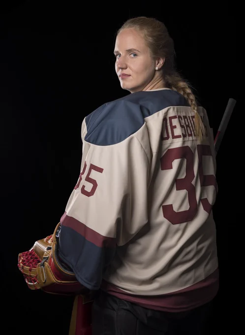 Picture of Ann-Renee Desbiens wearing the Inaugural PWHL Montreal away jersey. She is facing backwards. We see the jersey number ,35, and her last name Desbiens.