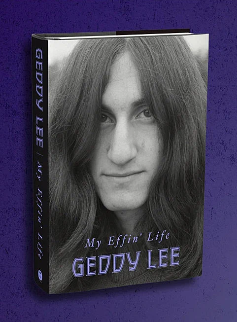 The 3D cover of My Effin' Life by Geddy Lee against a purple background. An image of a young man people out from a curtain of long hair is on the cover. 