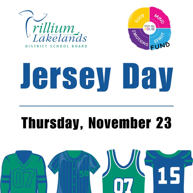 TLDSB and TLDSB Feed All Four Fund logos. Text reads Jersey Day, Thursday, November 23. At the bottom are blue and green illustrations of sports jerseys.