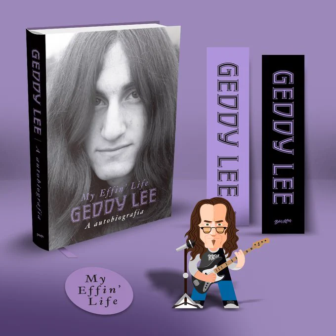 The book, My Effin' Life standing on a purple background with a comic icon of Geddy Lee playing bass guitar in front of a microphone in the foreground. The book cover has a large image of a young man peeking out from a curtain of long hair.