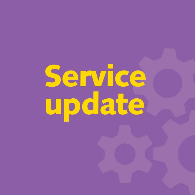 A purple graphic with three light transparent mechanical cogs in the corner. Yellow letters in a large font read Service update