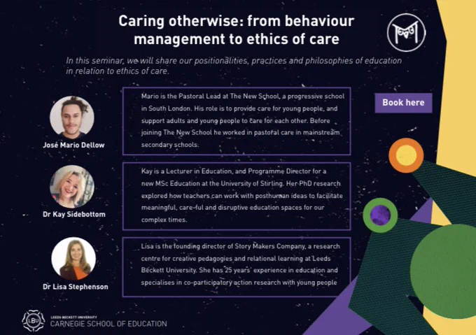 Slide ‘Caring otherwise’ with biographies of Jose Mario Dellow (The New School), Lisa Stephenson (Leeds Beckett), Kay sidebottom (Stirling Uni)