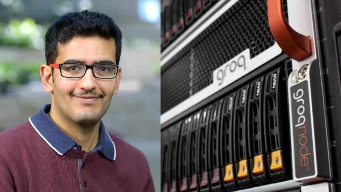 Photos of ALCF's Murali Emani and the ALCF AI Testbed's Groq system.